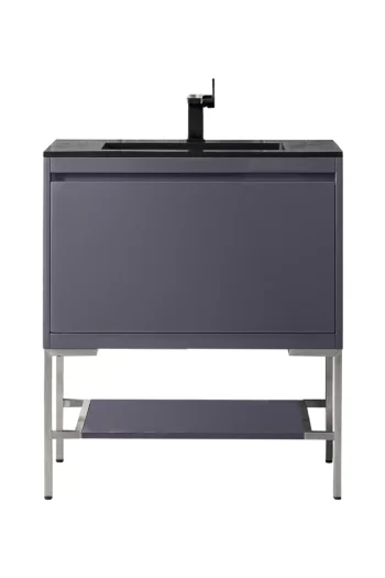 Milan 31.5" Single Vanity, Modern Gray Glossy, Brushed Nickel w/ Charcoal Black Composite Stone Top
