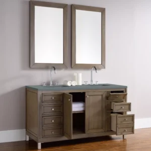 Chicago 60″ Double Vanity, Whitewashed Walnut w/ 3 CM Cala Blue Top