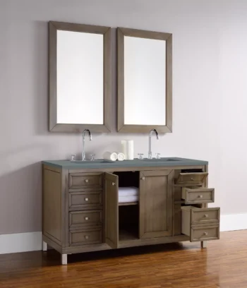 Chicago 60" Double Vanity, Whitewashed Walnut w/ 3 CM Cala Blue Top