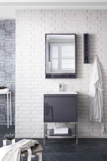 Milan 23.6" Single Vanity, Modern Gray Glossy, Brushed Nickel w/ Glossy White Composite Stone Top - Image 2