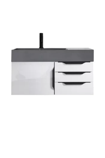 Mercer Island 36" Single Vanity, Glossy White, Matte Black w/ Dusk Grey Glossy Composite Stone Top