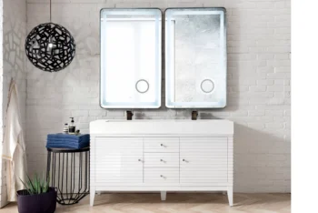 Linear 59" Double Vanity, Glossy White w/ Glossy White Composite Stone Top - Image 2