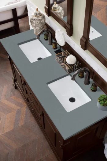 Brookfield 60" Double Vanity, Burnished Mahogany w/ 3 CM Cala Blue Top - Image 3