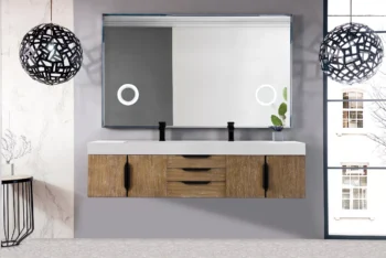 Mercer Island 72" Double Vanity,  Latte Oak, Matte Black w/ Glossy White Composite Stone Top - Image 2
