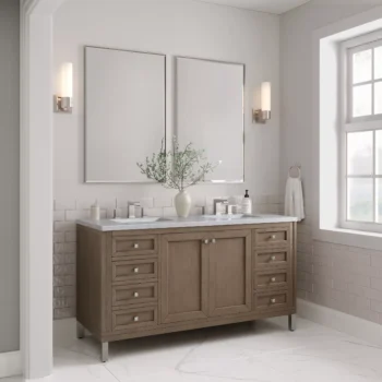 Chicago 60" Double Vanity, Whitewashed Walnut w/ 3 CM Carrara Marble Top - Image 4