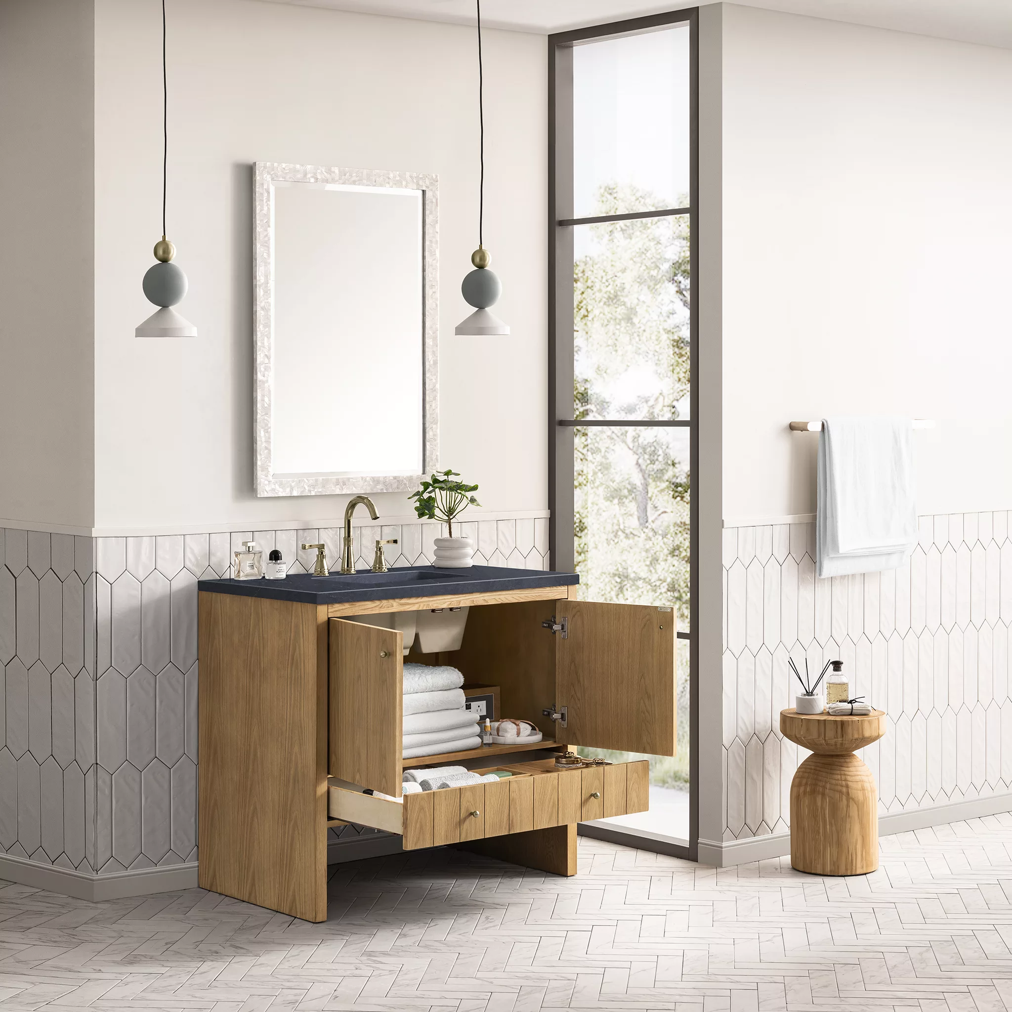 Hudson 36" Single Vanity, Light Natural Oak w/ 3 CM Charcoal Soapstone Top - Image 4