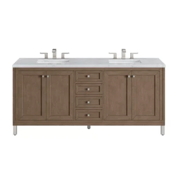 Chicago 72" Double Vanity, Whitewashed Walnut w/ 3 CM Carrara Marble Top
