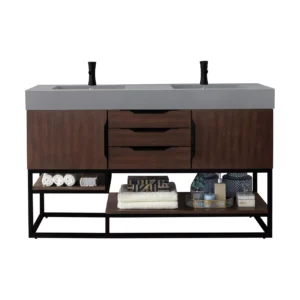 Columbia 59″ Double Vanity, Coffee Oak, Matte Black w/ Dusk Grey Glossy Composite Stone Top