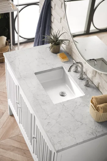 Athens 48" Single Vanity, Glossy White w/ 3 CM Eternal Jasmine Pearl Quartz Top - Image 4