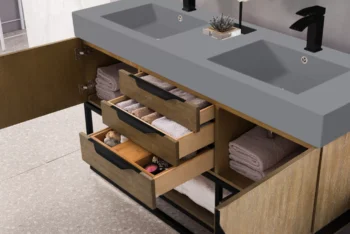 Columbia 59" Double Vanity, Latte Oak, Matte Black w/ Dusk Grey Glossy Composite Stone Top - Image 4