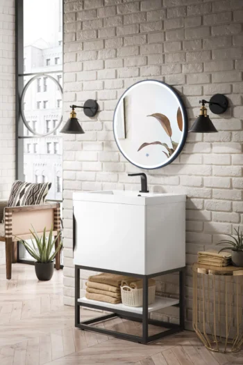Columbia 24" Single Vanity, Glossy White, Matte Black w/ White Glossy Composite Stone Top - Image 3
