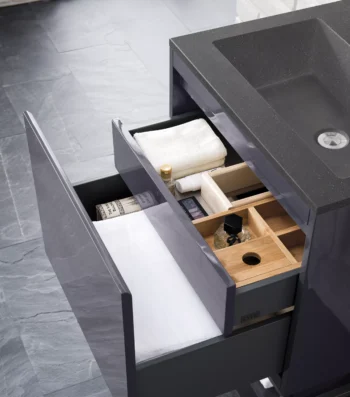 Milan 23.6" Single Vanity, Modern Gray Glossy, Brushed Nickel w/ Charcoal Black Composite Stone Top - Image 4
