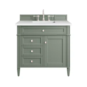 Brittany 36″ Single Vanity, Smokey Celadon w/ 3 CM White Zeus Top