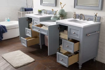 Copper Cove Encore 86" Double Vanity Set, Silver Gray w/ 3 CM Arctic Fall Solid Surface Top - Image 3