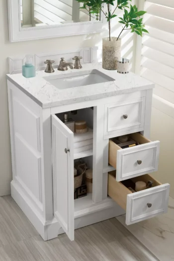De Soto 30" Single Vanity, Bright White w/ 3 CM Eternal Jasmine Pearl Quartz Top - Image 4