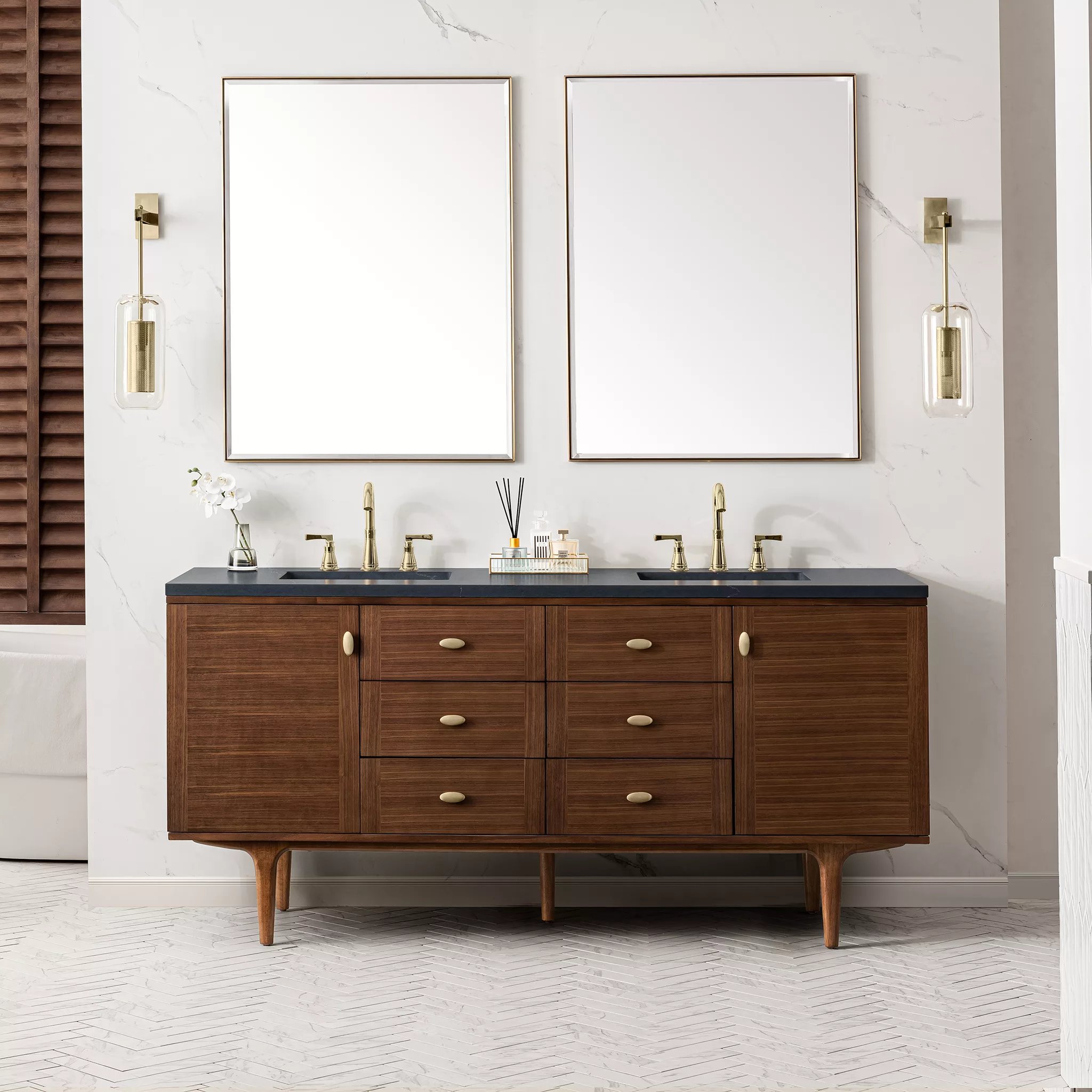 Amberly 72" Double Vanity, Mid-Century Walnut w/ 3 CM Charcoal Soapstone Top - Image 5