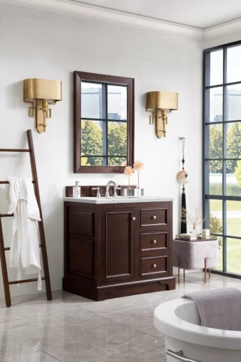 De Soto 36" Single Vanity, Burnished Mahogany w/ 3 CM Ethereal Noctis Quartz Top - Image 5