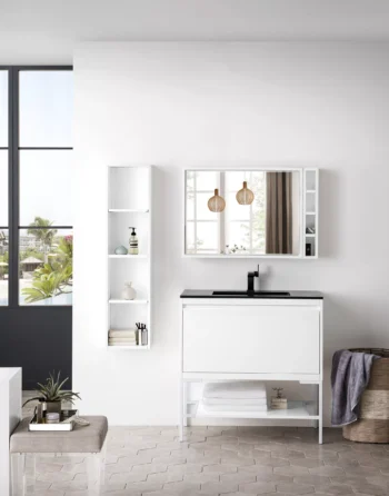 Milan 35.4" Single Vanity, Glossy White, Glossy White w/ Charcoal Black Composite Stone Top - Image 2