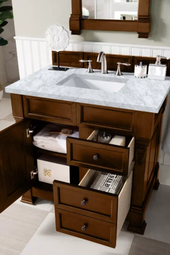 Brookfield 36" Single Vanity, Country Oak w/ 3 CM Carrara Marble Top - Image 4
