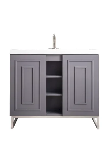 Alicante 39.5" Single Vanity, Gray Smoke, Brushed Nickel w/ White Glossy Composite Stone Top