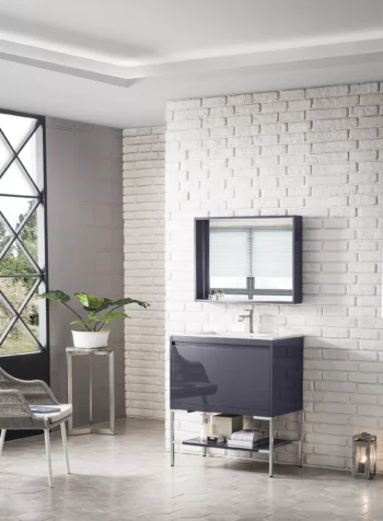 Milan 31.5" Single Vanity, Modern Gray Glossy, Brushed Nickel w/ Glossy White Composite Stone Top - Image 3