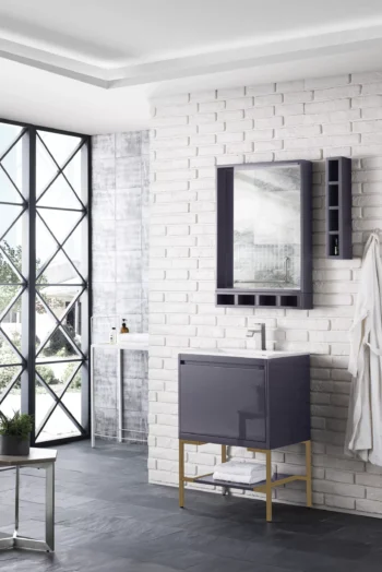 Milan 23.6" Single Vanity, Modern Gray Glossy, Radiant Gold w/ Glossy White Composite Stone Top - Image 3