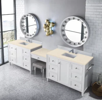 Copper Cove Encore 122" Double Vanity Set, Bright White w/ 3 CM Eternal Marfil Quartz Top - Image 3