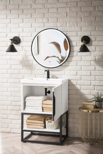 Columbia 24" Single Vanity, Glossy White, Matte Black w/ White Glossy Composite Stone Top - Image 4