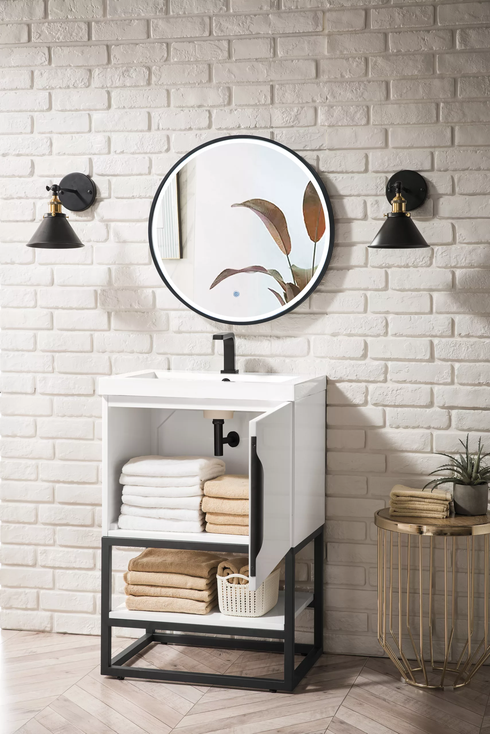 Columbia 24" Single Vanity, Glossy White, Matte Black w/ White Glossy Composite Stone Top - Image 4
