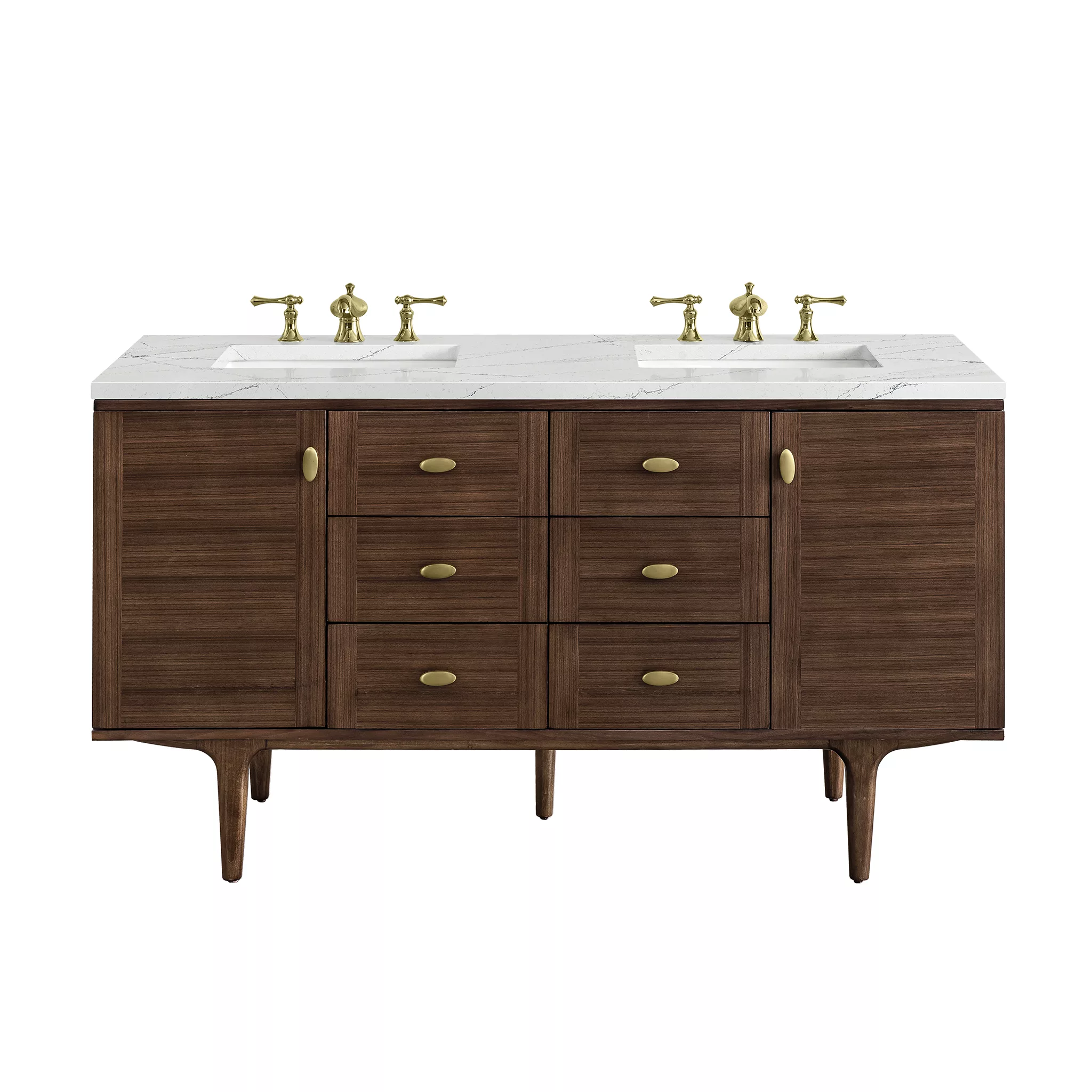Amberly 60" Double Vanity, Mid-Century Walnut w/ 3 CM Ethereal Noctis Top
