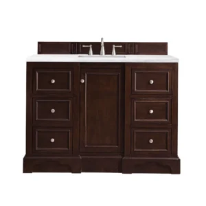De Soto 48″ Single Vanity, Burnished Mahogany w/ 3 CM Arctic Fall Solid Surface Top