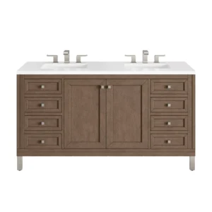 Chicago 60″ Double Vanity, Whitewashed Walnut w/ 3 CM White Zeus Quartz Top