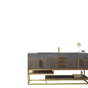 Columbia 72″ Single Vanity, Ash Gray, Radiant Gold w/ Dusk Grey Glossy Composite Stone Top