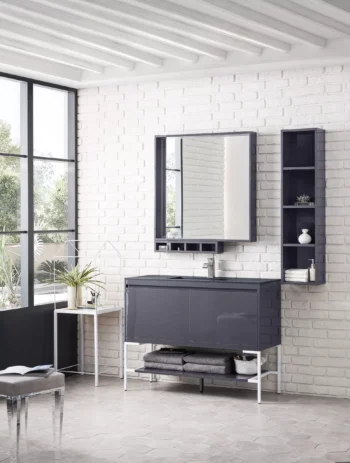Milan 47.3" Single Vanity, Modern Gray Glossy, Glossy White w/ Charcoal Black Composite Stone Top - Image 3