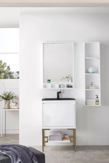 Milan 23.6" Single Vanity, Glossy White, Radiant Gold w/ Charcoal Black Composite Stone Top - Image 2