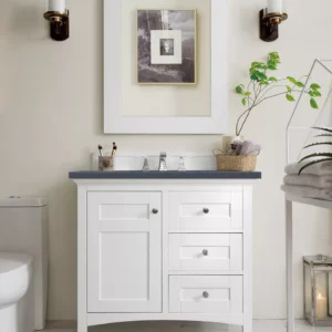 Palisades 36″ Single Vanity, Bright White w/ 3 CM Charcoal Soapstone Quartz Top