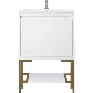Milan 23.6″ Single Vanity, Glossy White, Radiant Gold w/ Glossy White Composite Stone Top