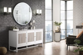 Athens 60" Single Vanity, Glossy White w/ 3 CM Eternal Jasmine Pearl Quartz Top - Image 4