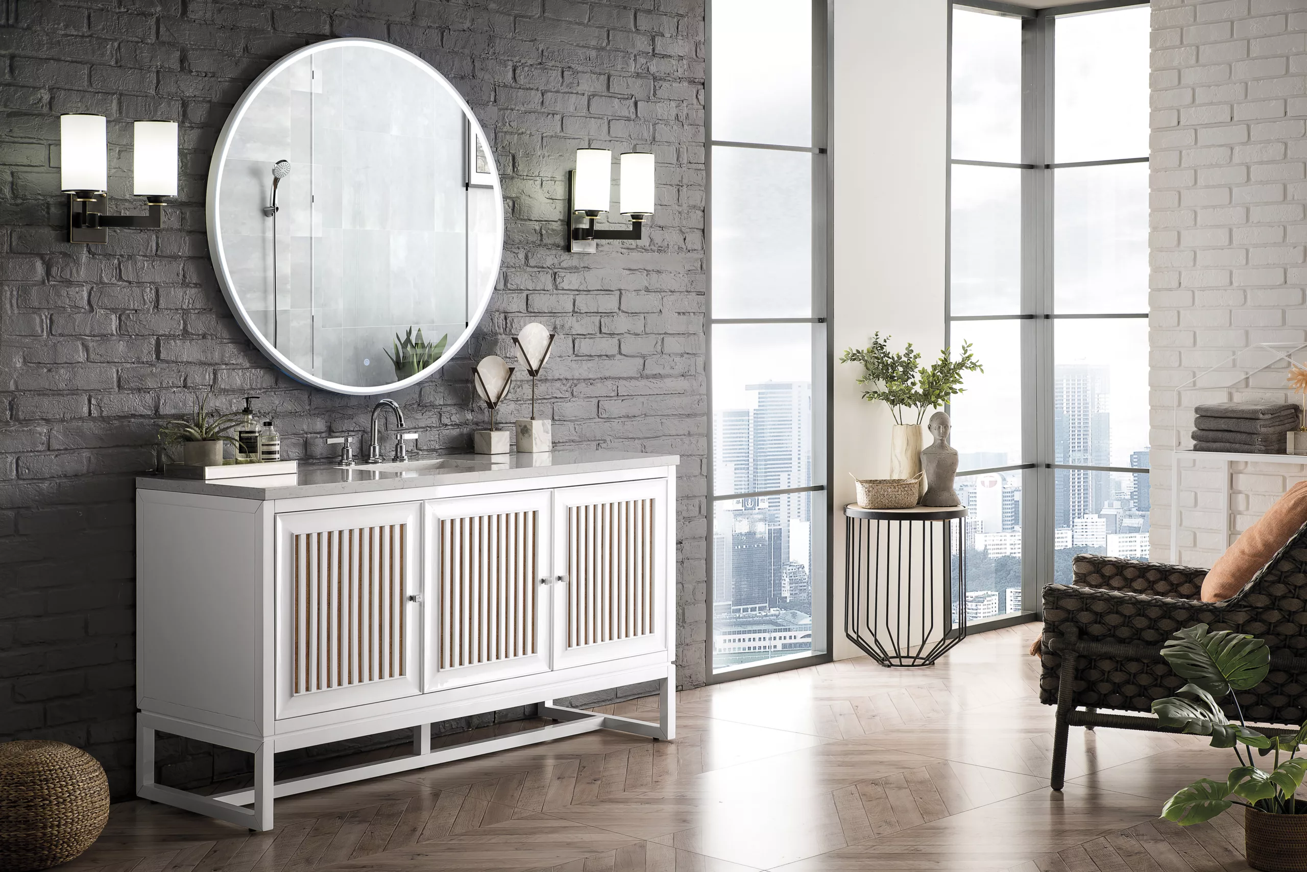 Athens 60" Single Vanity, Glossy White w/ 3 CM Eternal Jasmine Pearl Quartz Top - Image 4