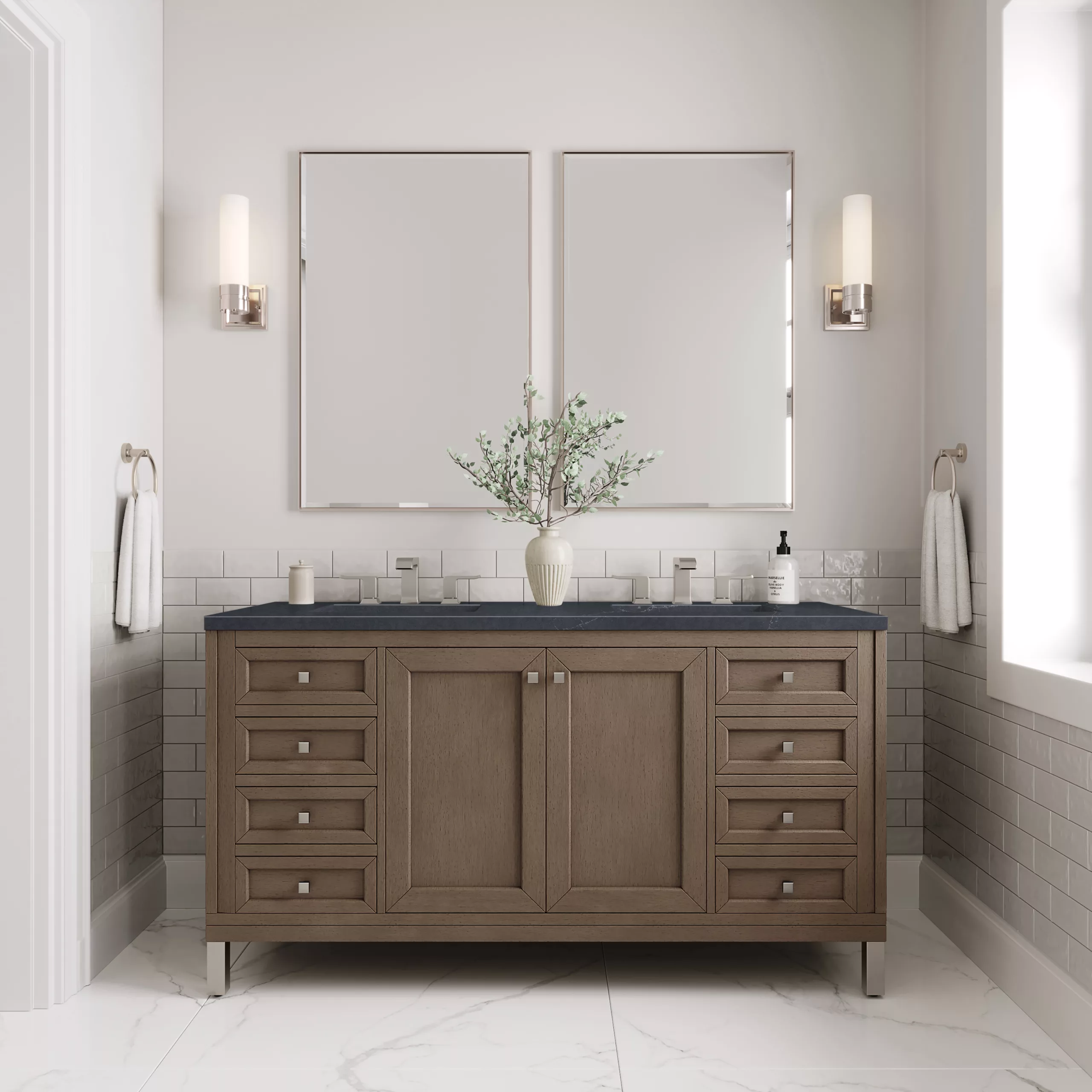 Chicago 60" Double Vanity, Whitewashed Walnut w/ 3 CM Charcoal Soapstone Quartz Top - Image 2