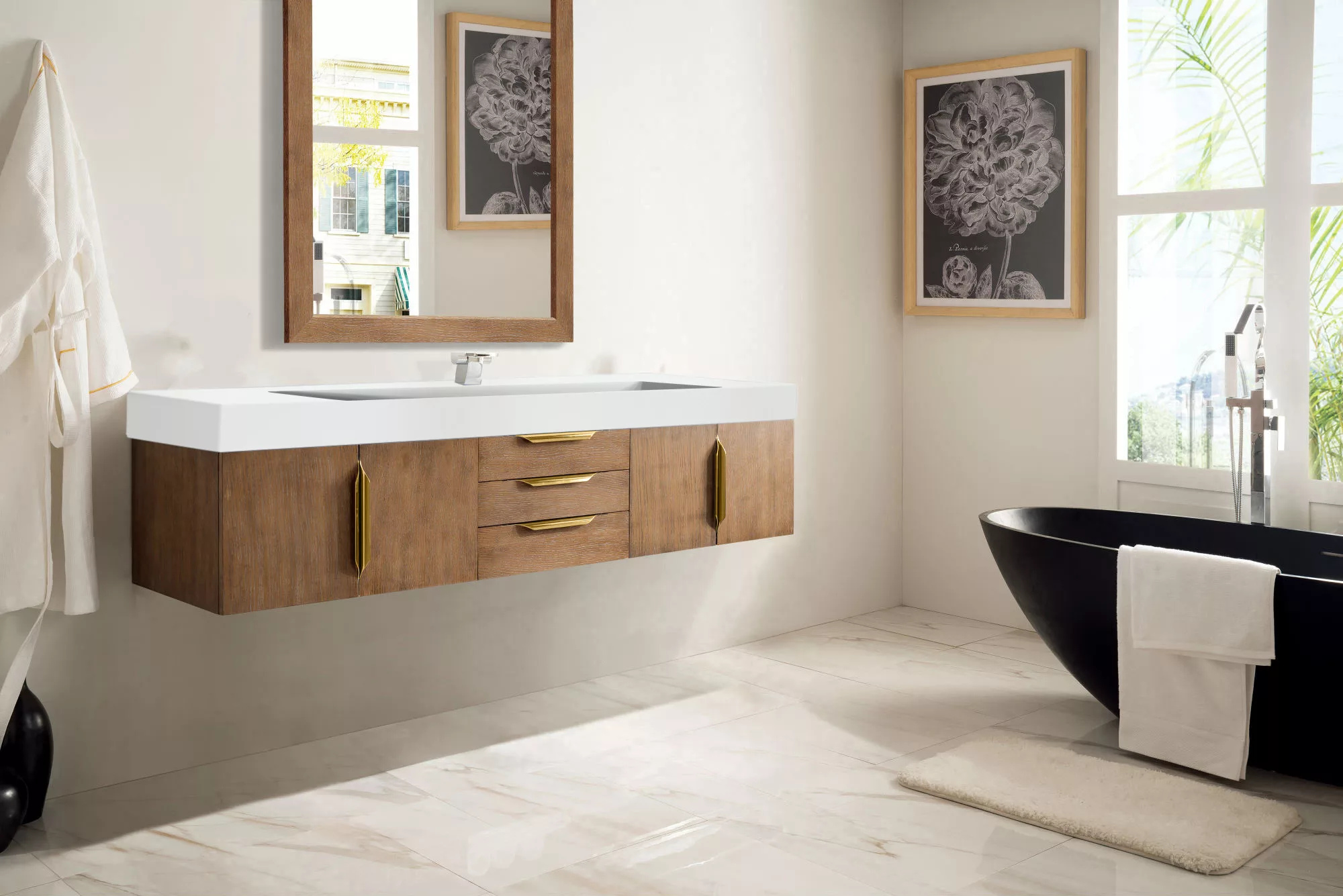 Mercer Island 72" Single Vanity, Latte Oak, Radiant Gold w/ Glossy White Composite Stone Top - Image 2