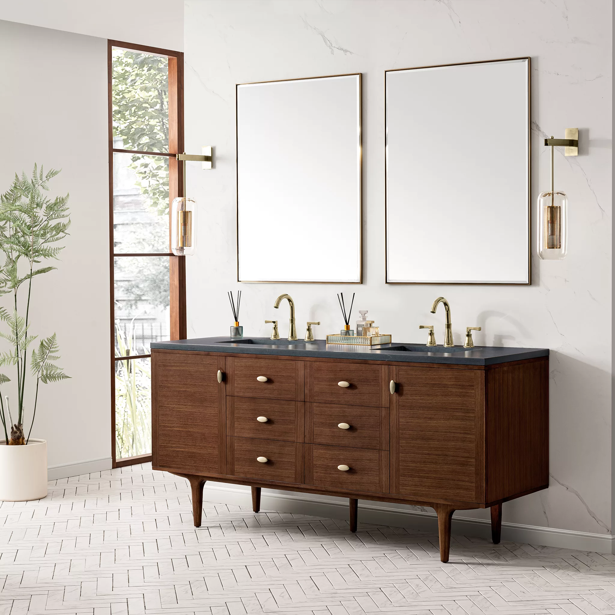 Amberly 72" Double Vanity, Mid-Century Walnut w/ 3 CM Charcoal Soapstone Top - Image 7