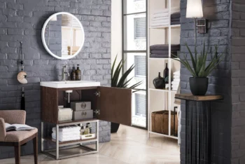 Columbia 24" Single Vanity, Coffee Oak, Brushed Nickel w/ White Glossy Composite Stone Top - Image 4