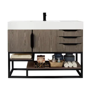 Columbia 48″ Single Vanity, Ash Gray, Matte Black w/ Glossy White Composite Stone Top