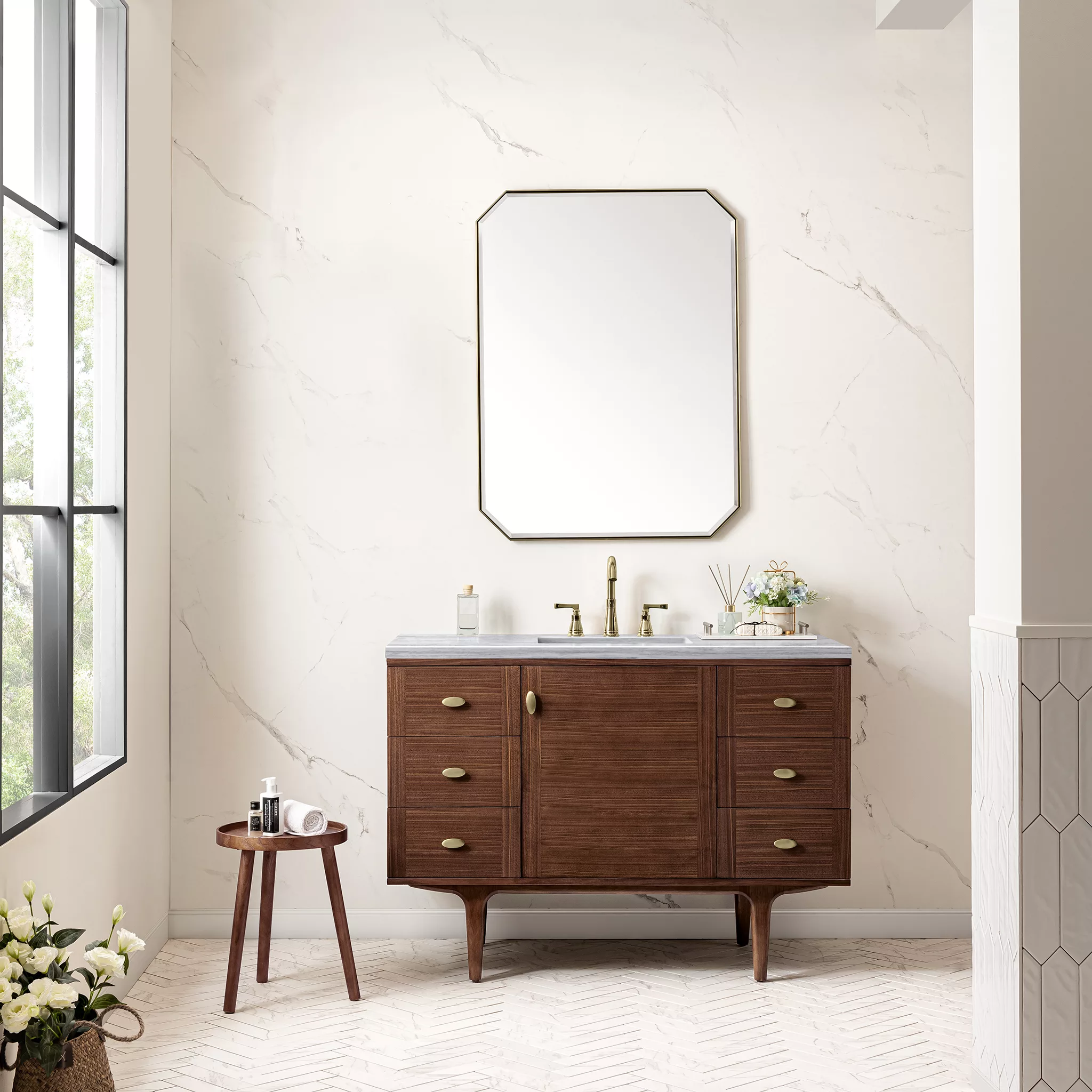 Amberly 48" Single Vanity, Mid-Century Walnut w/ 3 CM Arctic Fall Top - Image 3