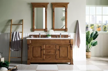 Brookfield 60" Double Vanity, Country Oak w/ 3 CM Arctic Fall Solid Surface Top - Image 2