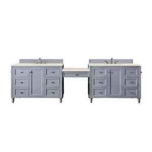 Copper Cove Encore 122″ Double Vanity Set, Silver Gray w/ 3 CM Eternal Marfil Quartz Top