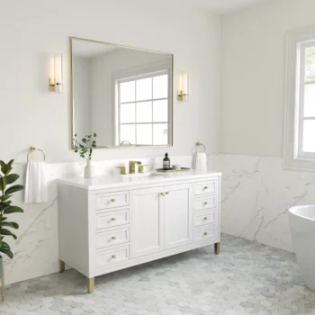 Chicago 60" Single Vanity, Glossy White w/ 3 CM White Zeus Top - Image 3