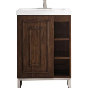 Alicante 24″ Single Vanity, Mid-Century Acacia, Brushed Nickel w/ White Glossy Composite Stone Top