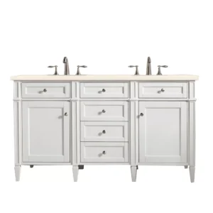 Brittany 60″ Double Vanity, Bright White Vanity w/ 3 CM Eternal Marfil Quartz Top
